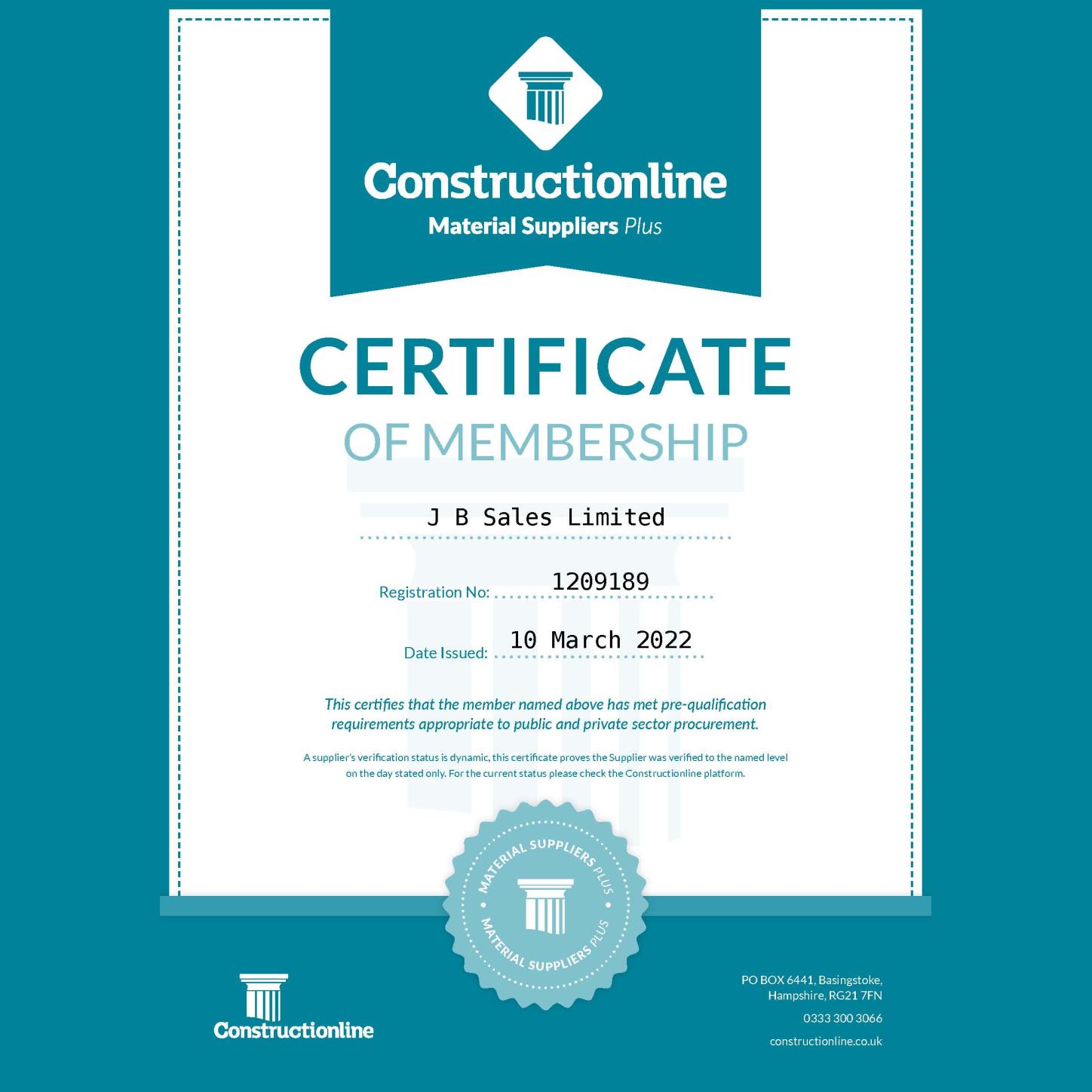 Constructionline Materials Plus Certificate of Membership